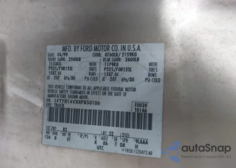 1999 Ford Ranger Xl/Xlt from USA, damaged, VIN 1FTYR14VXXPB50106